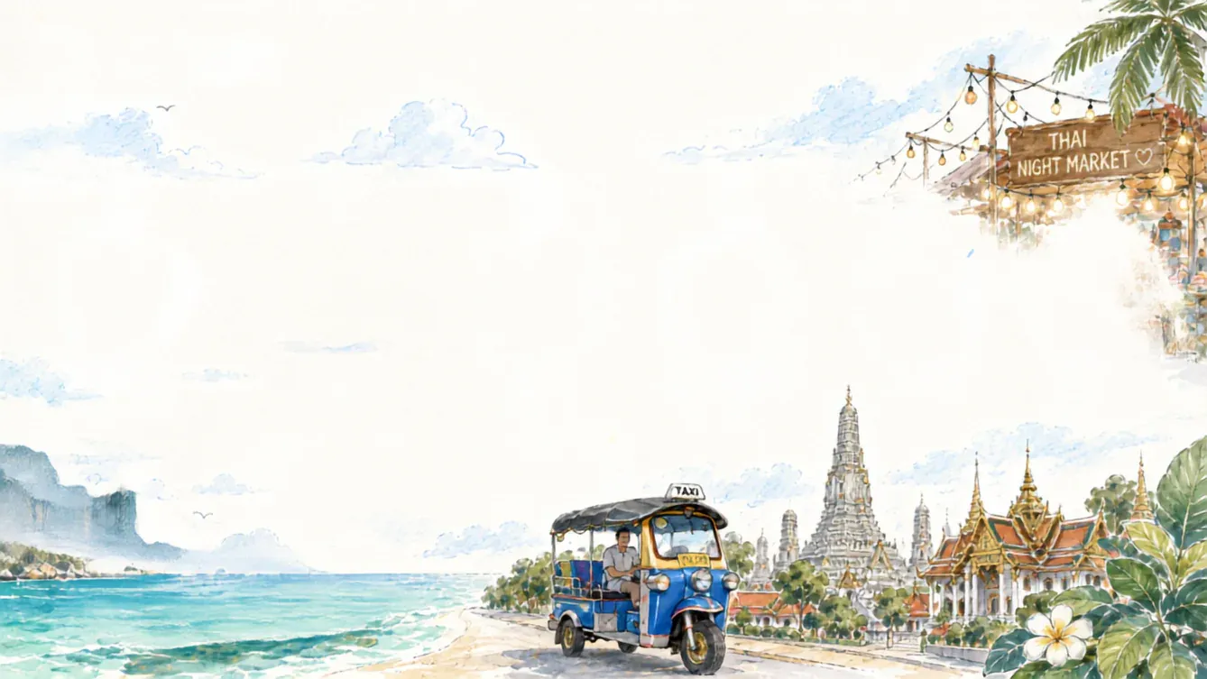 Watercolor Thailand travel and night market scene
