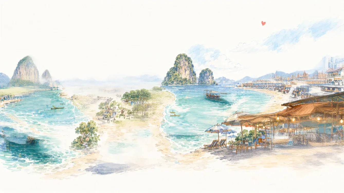 Watercolor Thailand coast and market scene