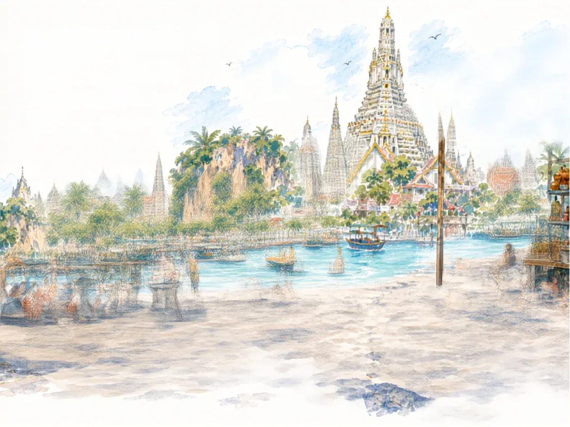 Watercolor Thailand travel scene with Wat Arun and a tuk-tuk